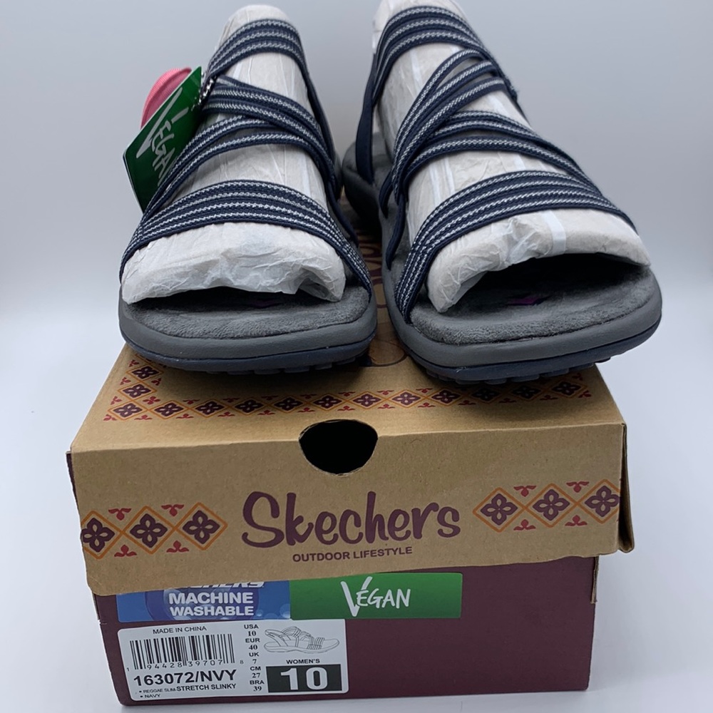 Skechers Women’s Navy Reggae Slim Vegan Stretch Slinky Strappy Slingback Sandals